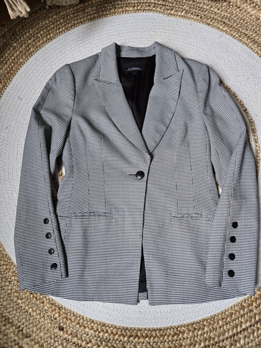 3 Pcs Suit Le Chateau Black & White Houndstooth Blazer, Skirt, Pants Chic Office